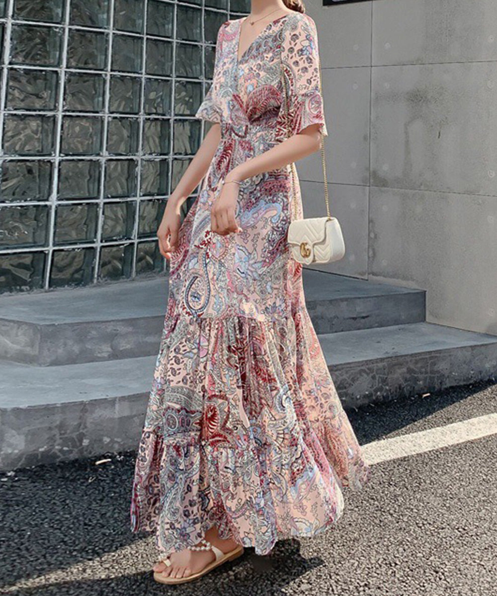 花柄ワンピース5分袖ティアードワンピース ピンクベージュ