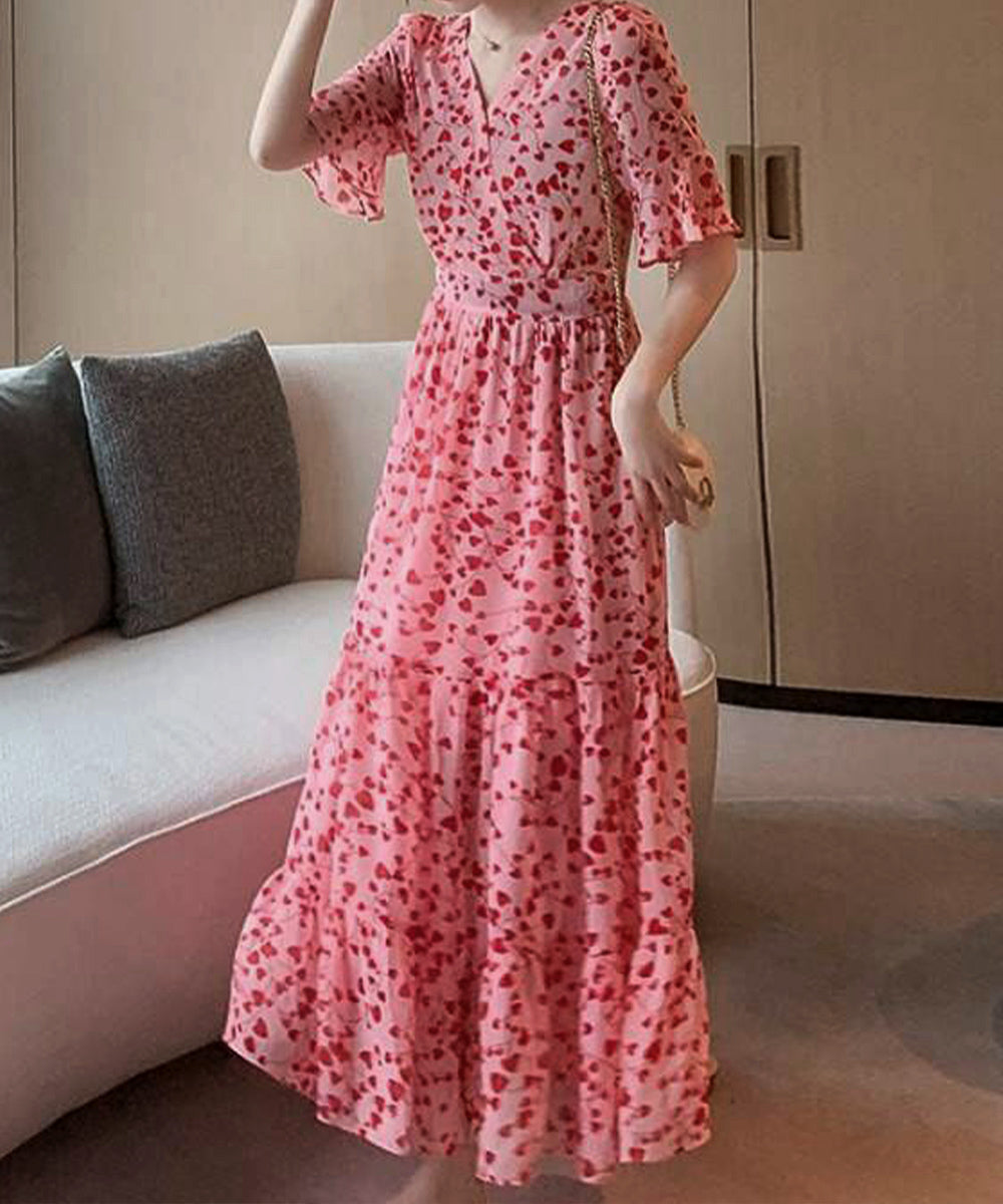 花柄ワンピース5分袖ティアードワンピース ローズ