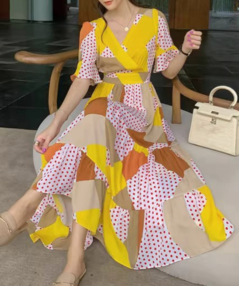 花柄ワンピース5分袖ティアードワンピース イエロー