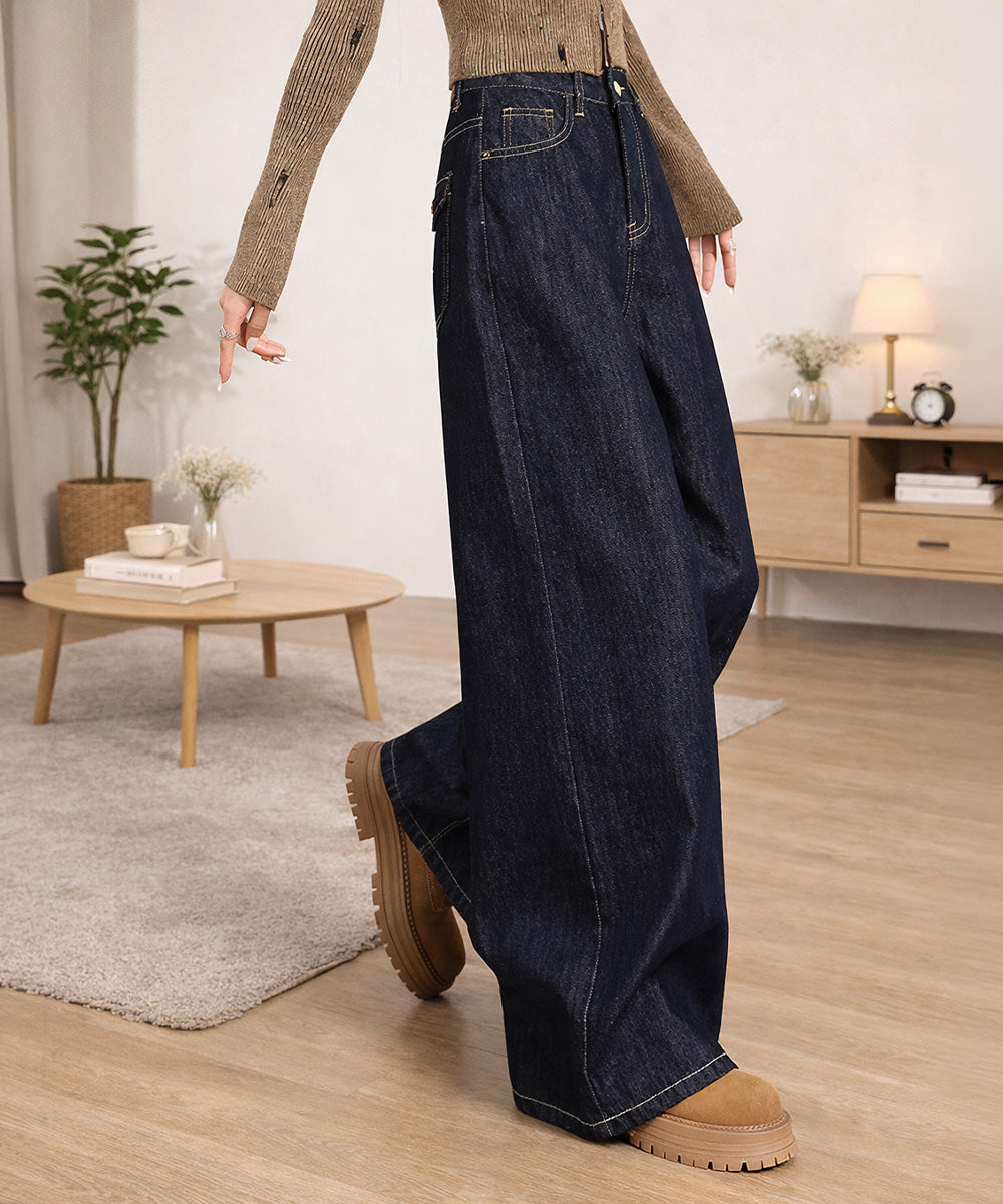 裏起毛ハイウエストワイドデニムパンツ秋冬