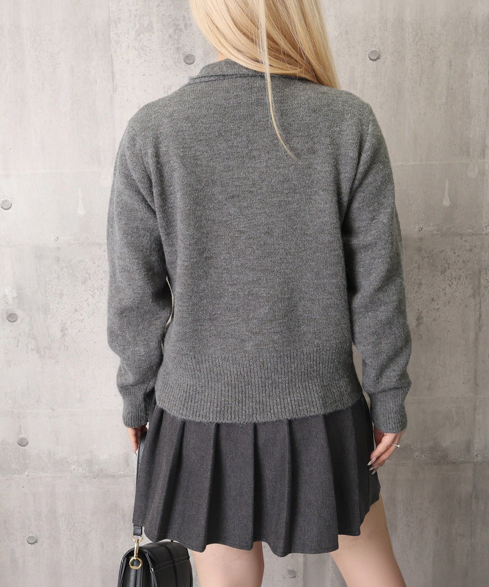 リボンタイ付きニットカーディガン長袖秋冬
