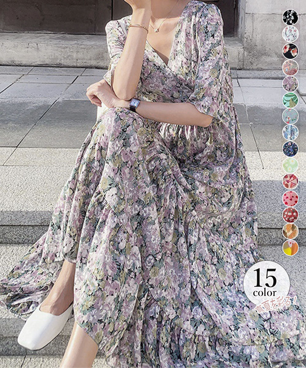 花柄ワンピース5分袖ティアードワンピース 詳細画像1