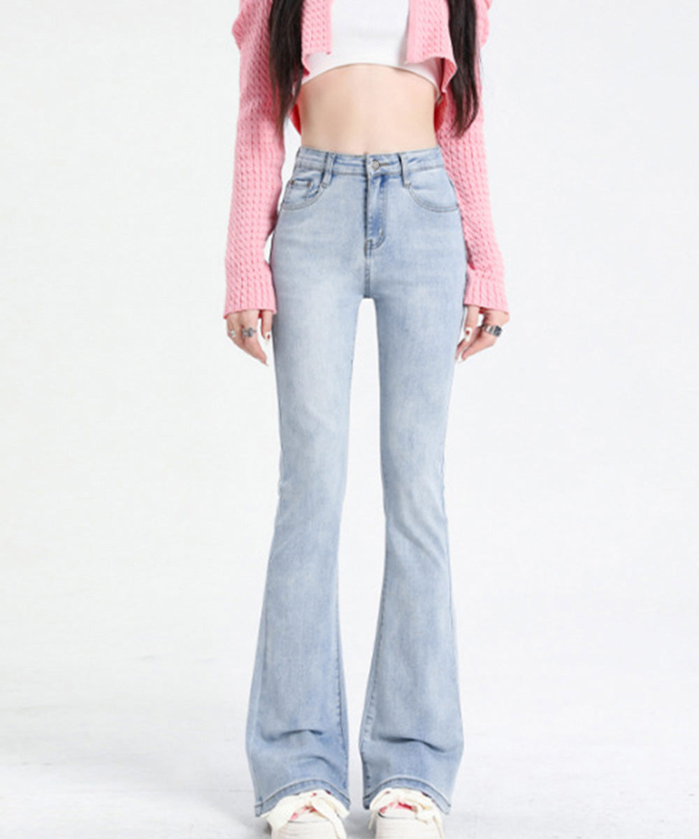 セミフレアデニムパンツ 美脚デニムパンツ ストレッチパンツ レディース ブーツカットデニム ハイウエスト 脚長ボトムス カジュアル シーズン 韓国風 着やせ 春夏 21KUZI-012