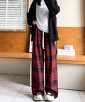 チェック柄パンツハイウエストワイドパンツ 裏起毛チェックパンツ イージーパンツ 暖かリラックスパンツ 体型カバー長ズボン ルーズシルエット カジュアルパンツ韓国風 21KUZI-024