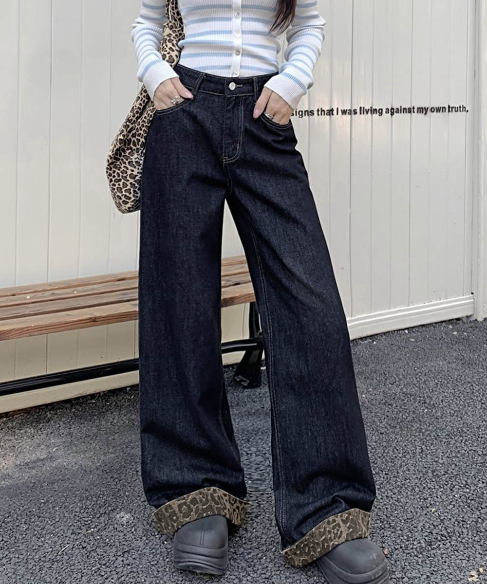 レオパード柄デニムパンツ美脚ハイウエスト ネイビー