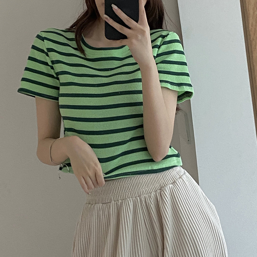 リブ編みニットレディースボーダーTシャツ グリーン