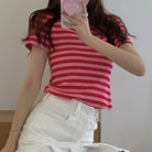 リブ編みニットレディースボーダーTシャツ ストロベリーピンク