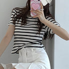 リブ編みニットレディースボーダーTシャツ ホワイト
