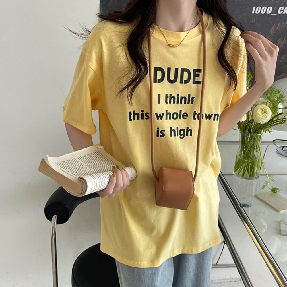 英字ロゴプリント半袖Tシャツスリット入り イエロー
