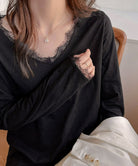 レース長袖トップスVネックカットソー秋服 ブラック