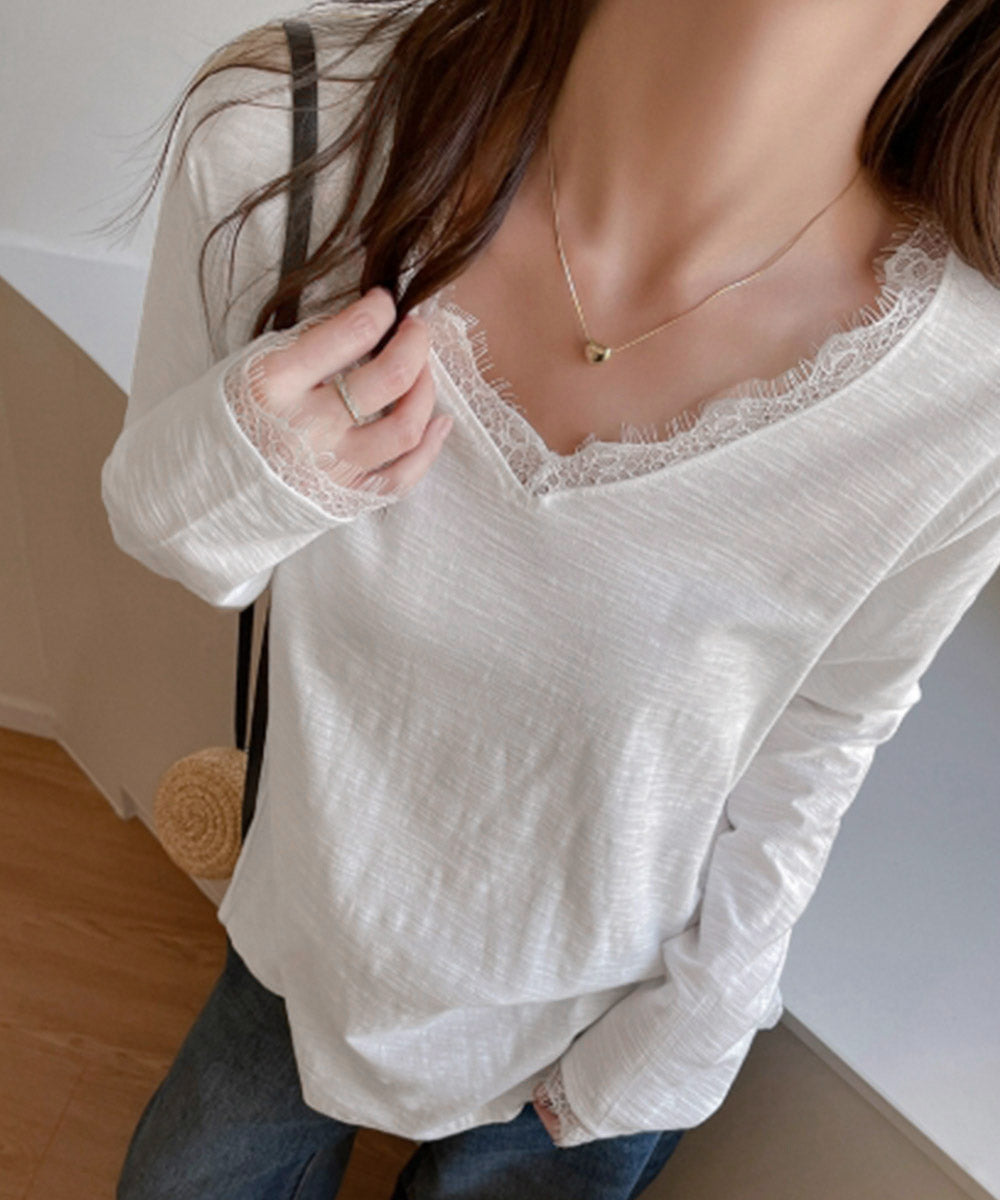 レース長袖トップスVネックカットソー秋服 ホワイト