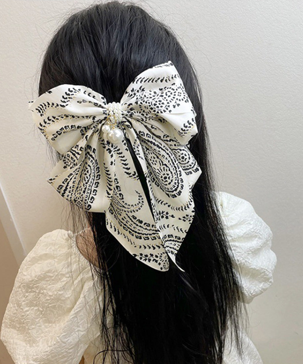 千鳥格子柄リボンバレッタ ヘアクリップ アイボリー