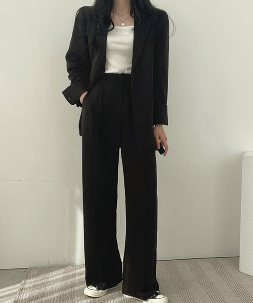 パンツスーツセット テーラードジャケット スーツワイドパンツ 上下セット セミワイドパンツ ゆったりシルエット 服 おしゃれボトムス オフィス 30代40代50代 21TZ-005