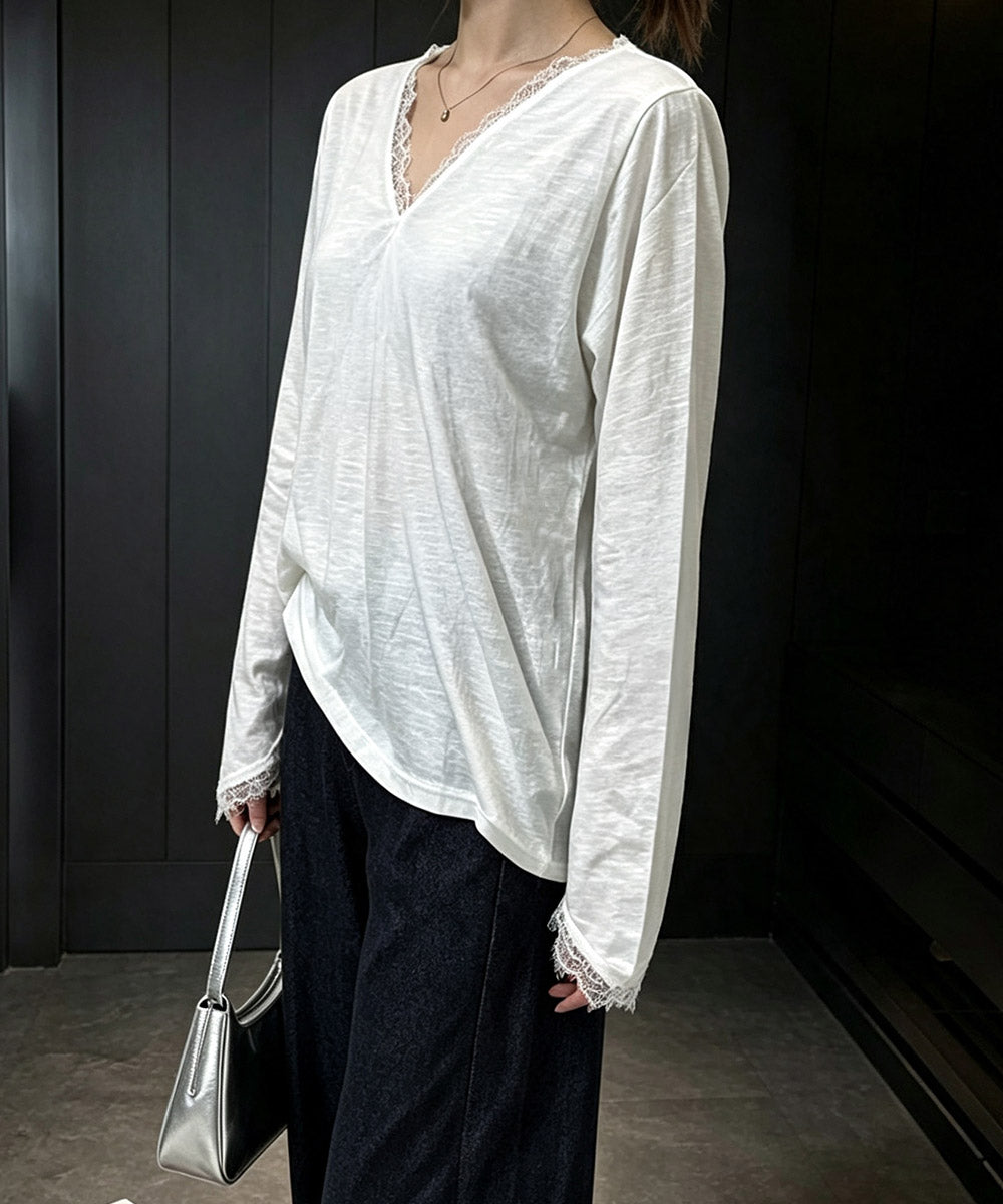 レース長袖トップスVネックカットソー秋服 詳細画像25