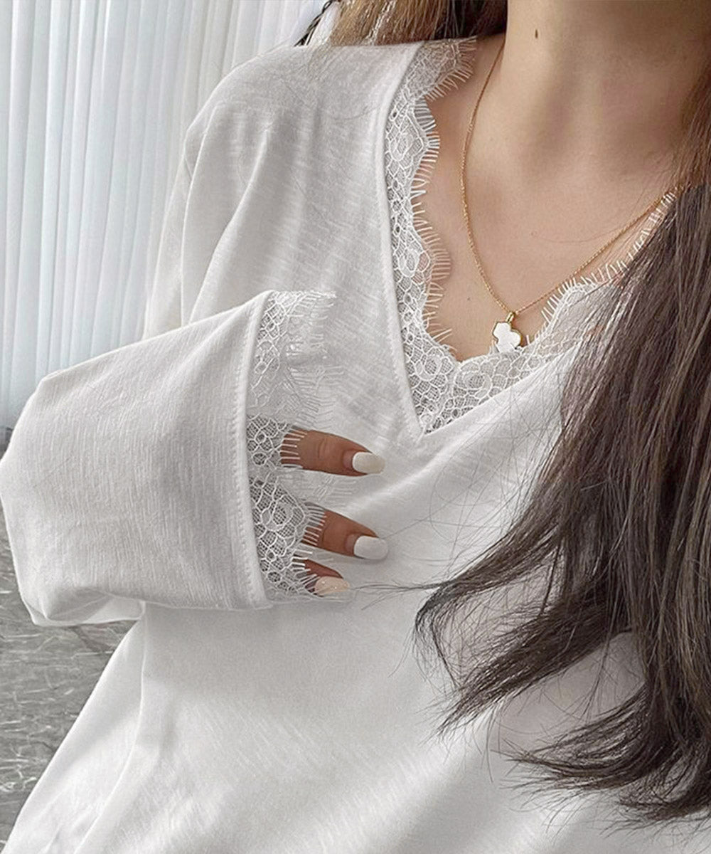 レース長袖トップスVネックカットソー秋服 詳細画像5