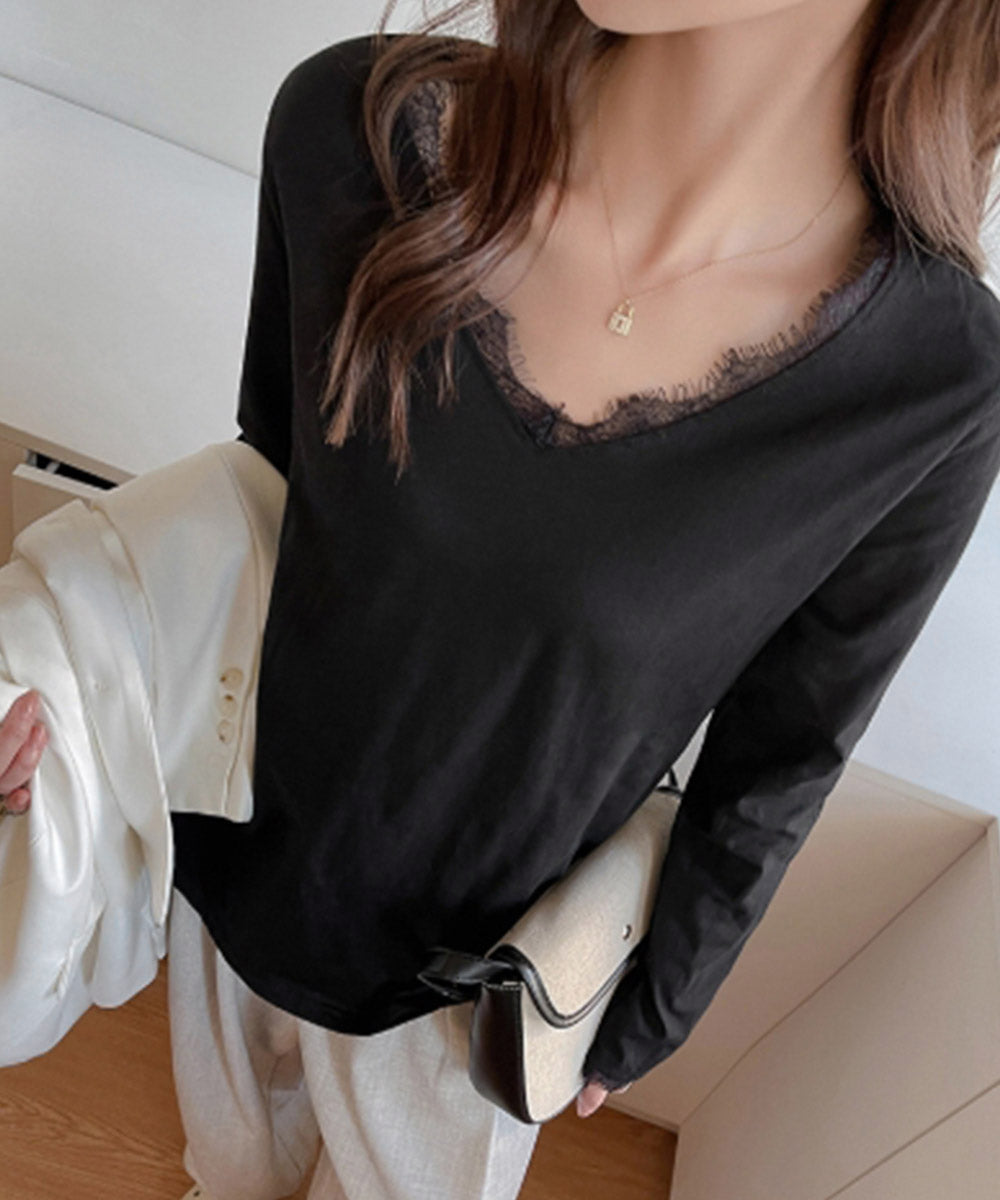 レース長袖トップスVネックカットソー秋服 詳細画像8