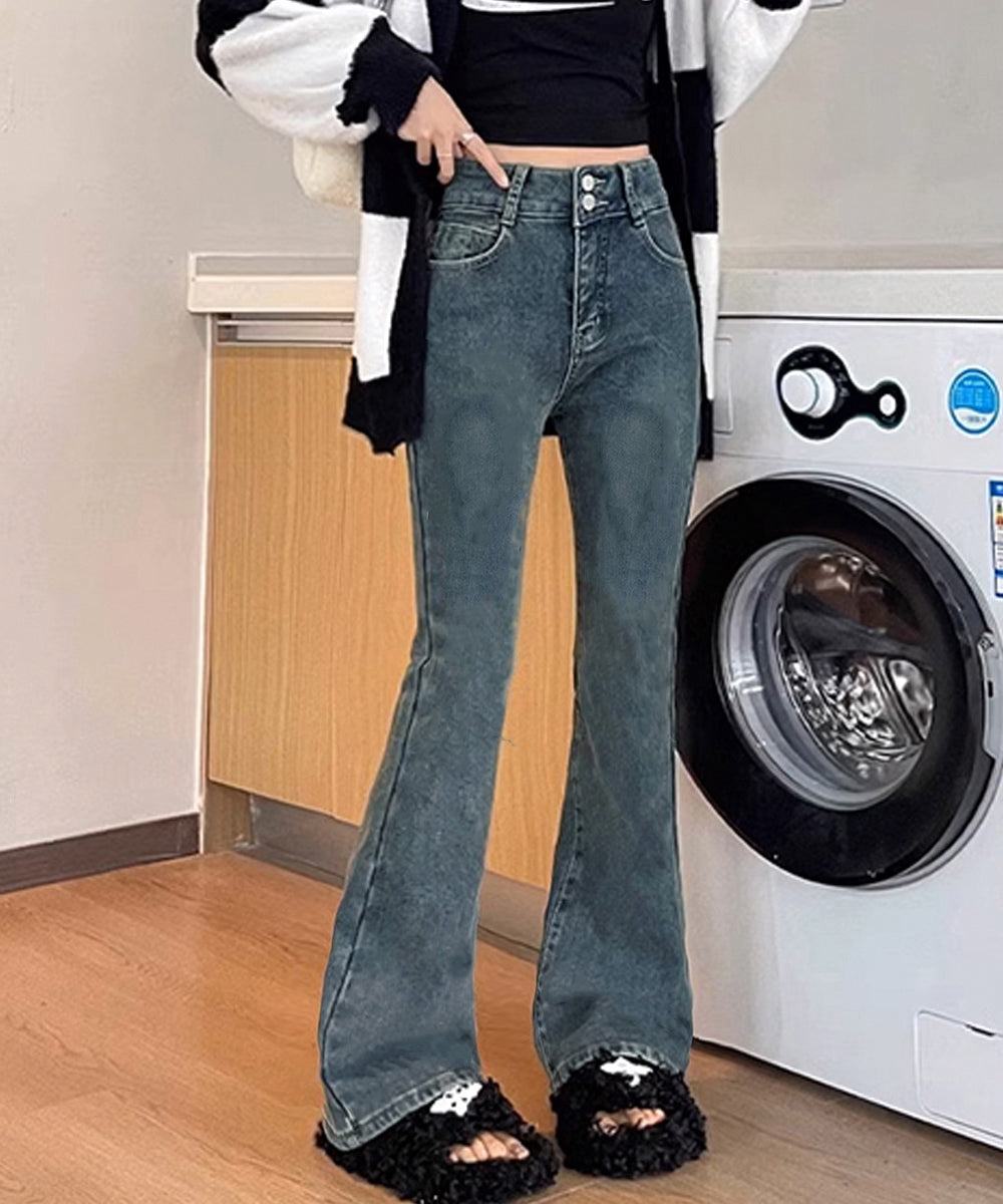 セミフレアデニムパンツ 美脚デニムパンツ インディゴブルー