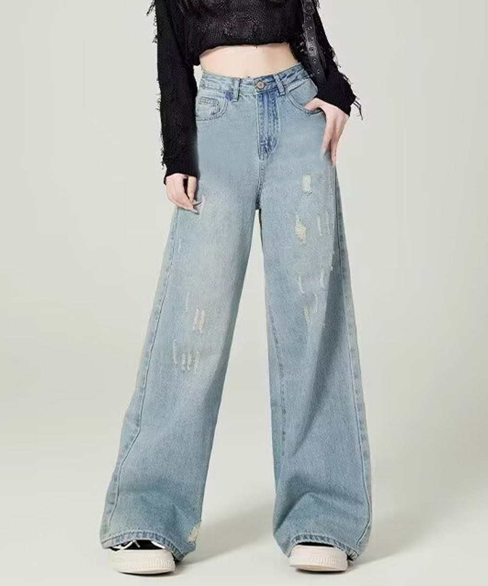 ダメージデニムパンツ ワイドレッグデニム レディース ハイウエスト ロングパンツ ウォッシュ加工 ストレートパンツ 着やせ 韓国風ジーパン ゆったり ボトムス脚長 24BDMS-018