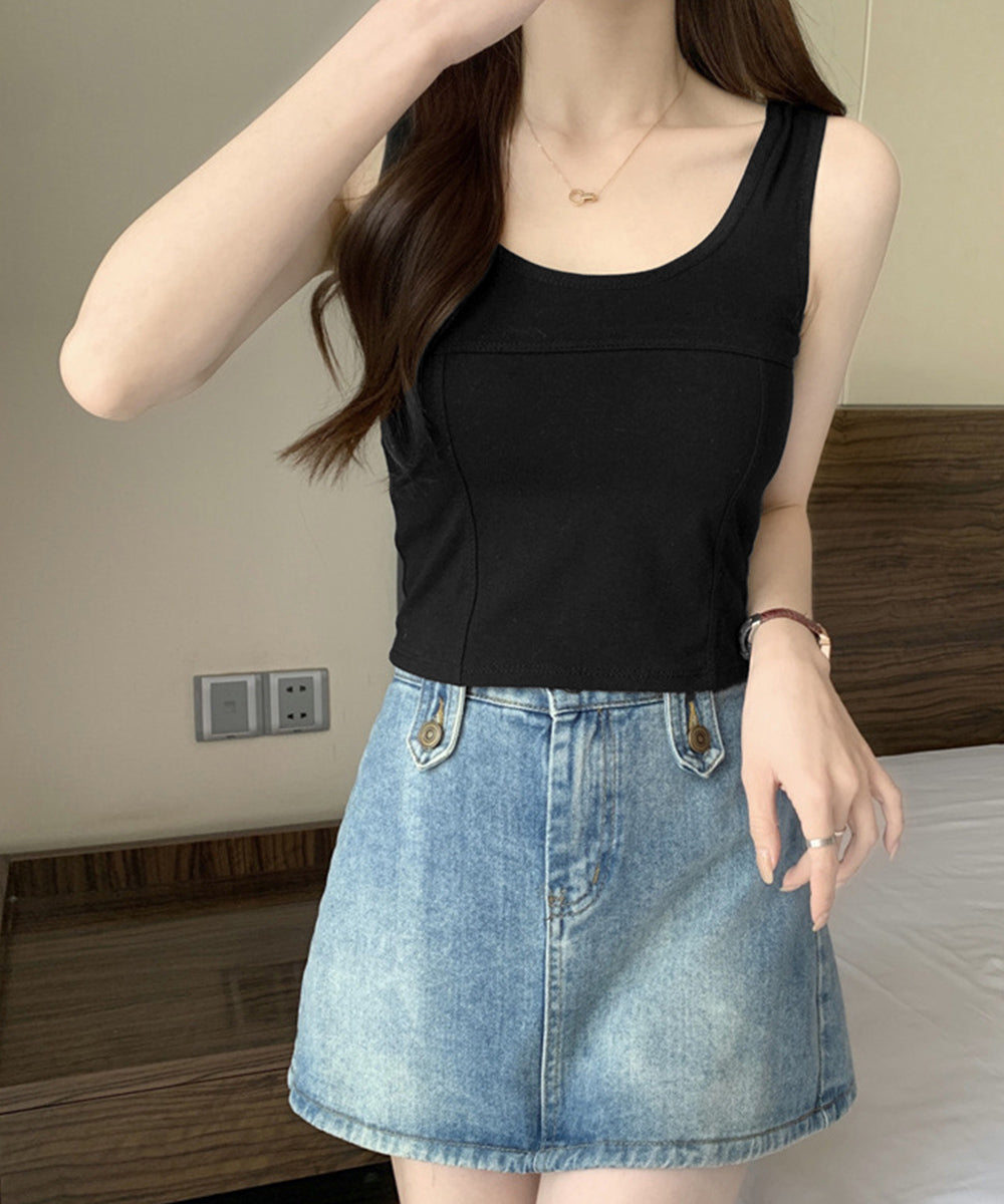 カップ付きタンクトップ ショート丈 夏服 ブラック