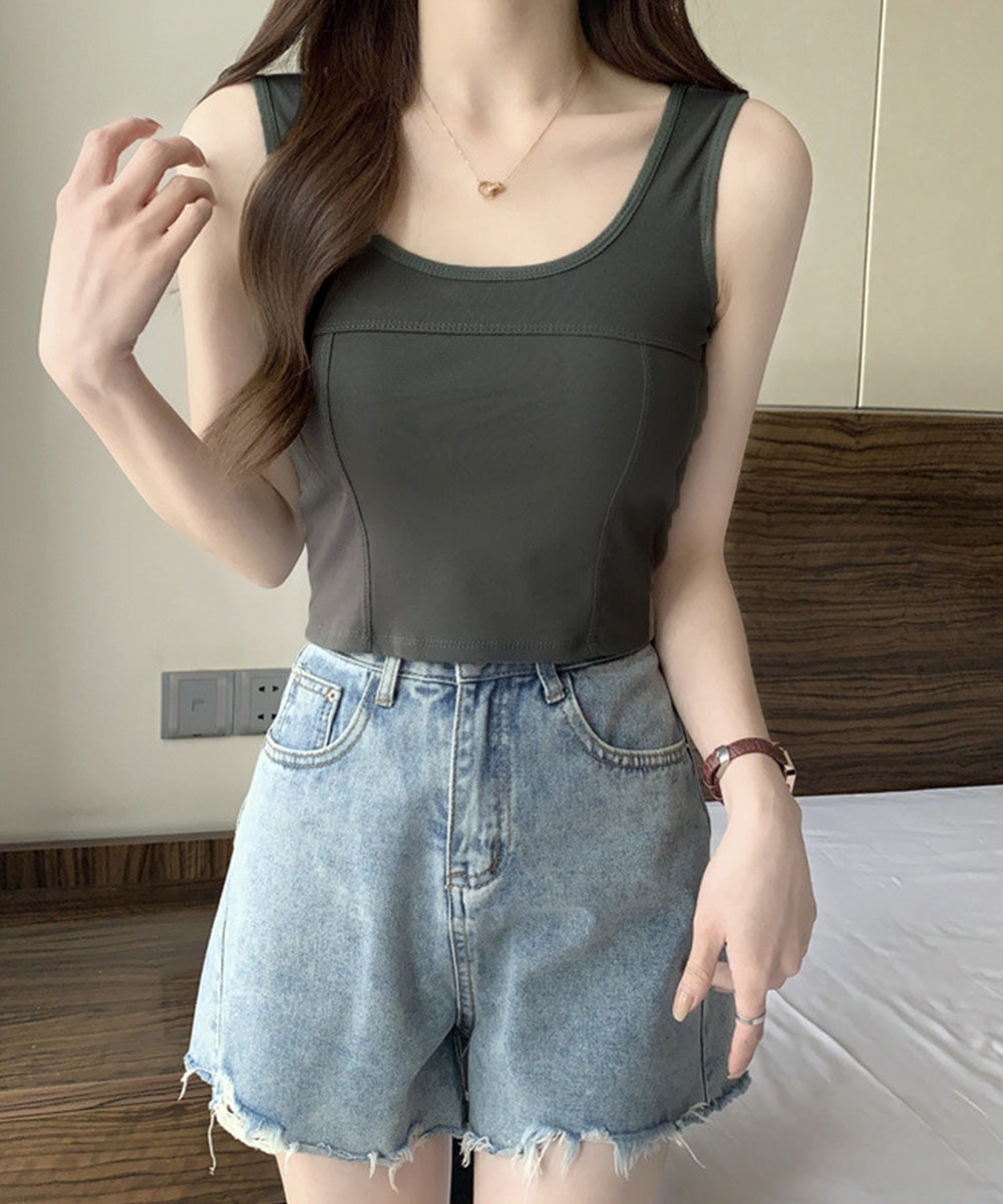 カップ付きタンクトップ ショート丈 夏服 ダークグレー