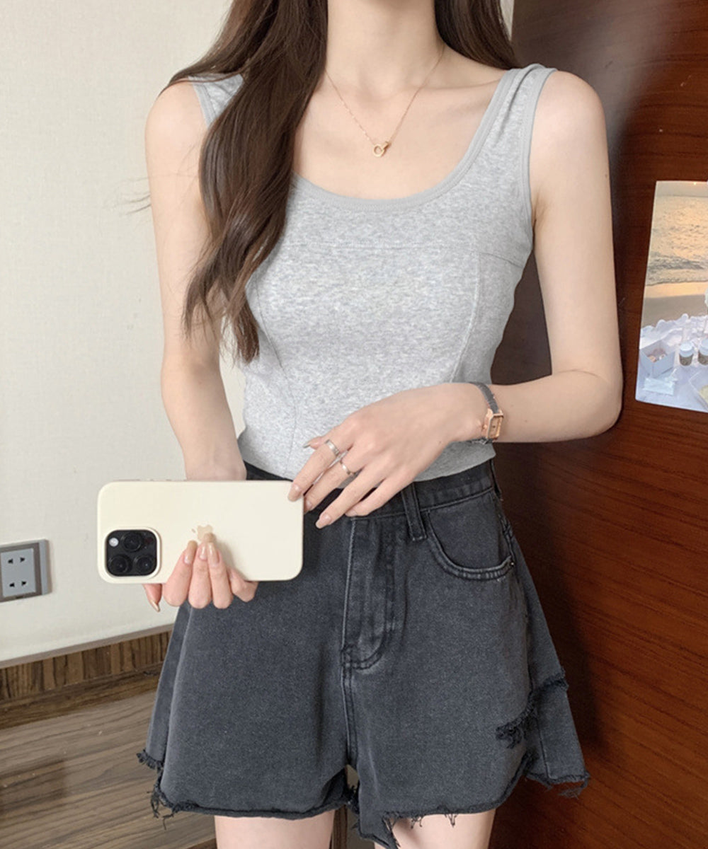 カップ付きタンクトップ ショート丈 夏服 ライトグレー
