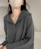 ポロ襟ニットセーター レディース 韓国風 ダークグレー
