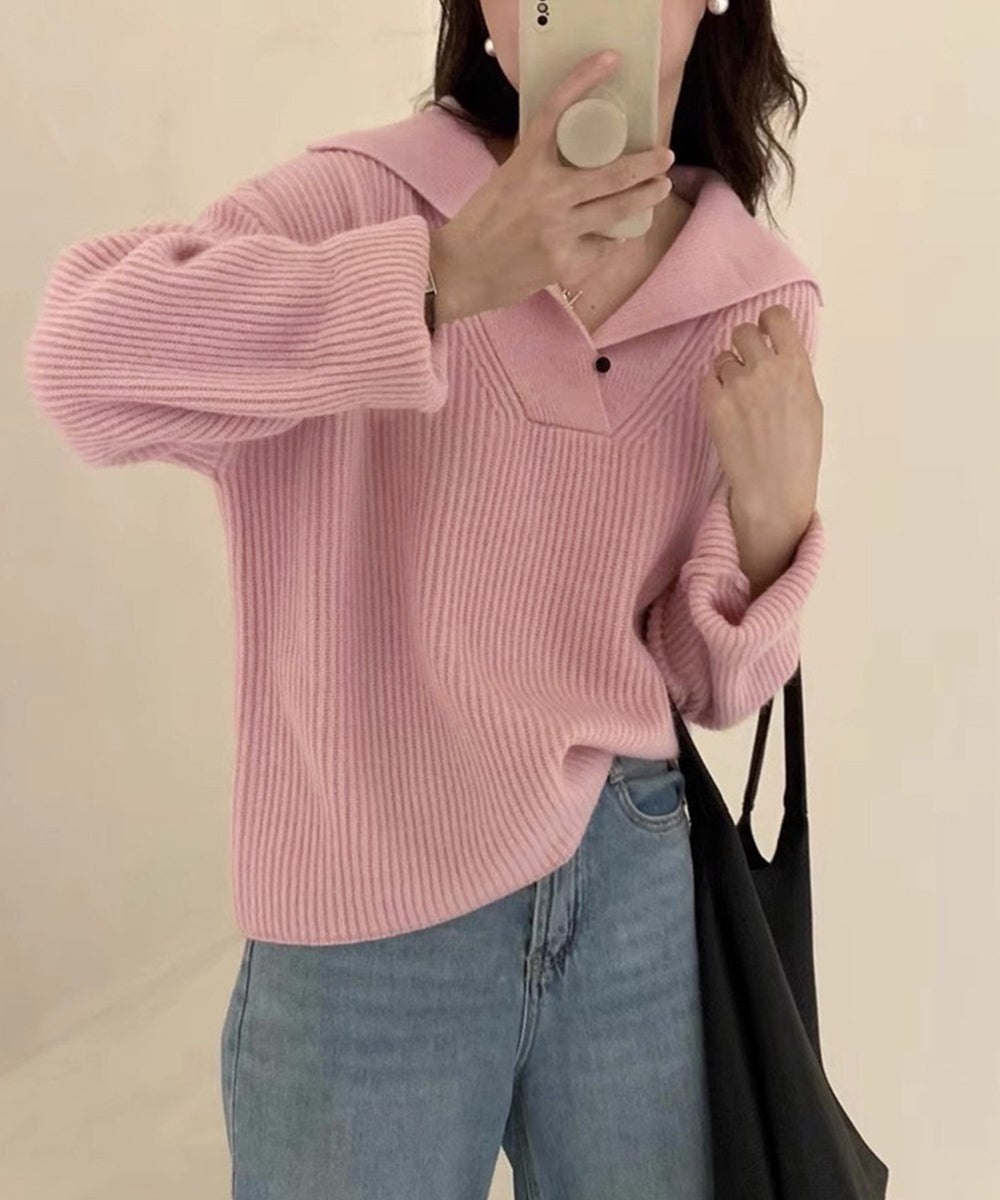 ポロ襟ニットセーター レディース 韓国風 ピンク