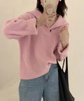 ポロ襟ニットセーター レディース 韓国風 ピンク