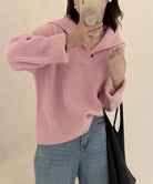 ポロ襟ニットセーター レディース 韓国風 ピンク
