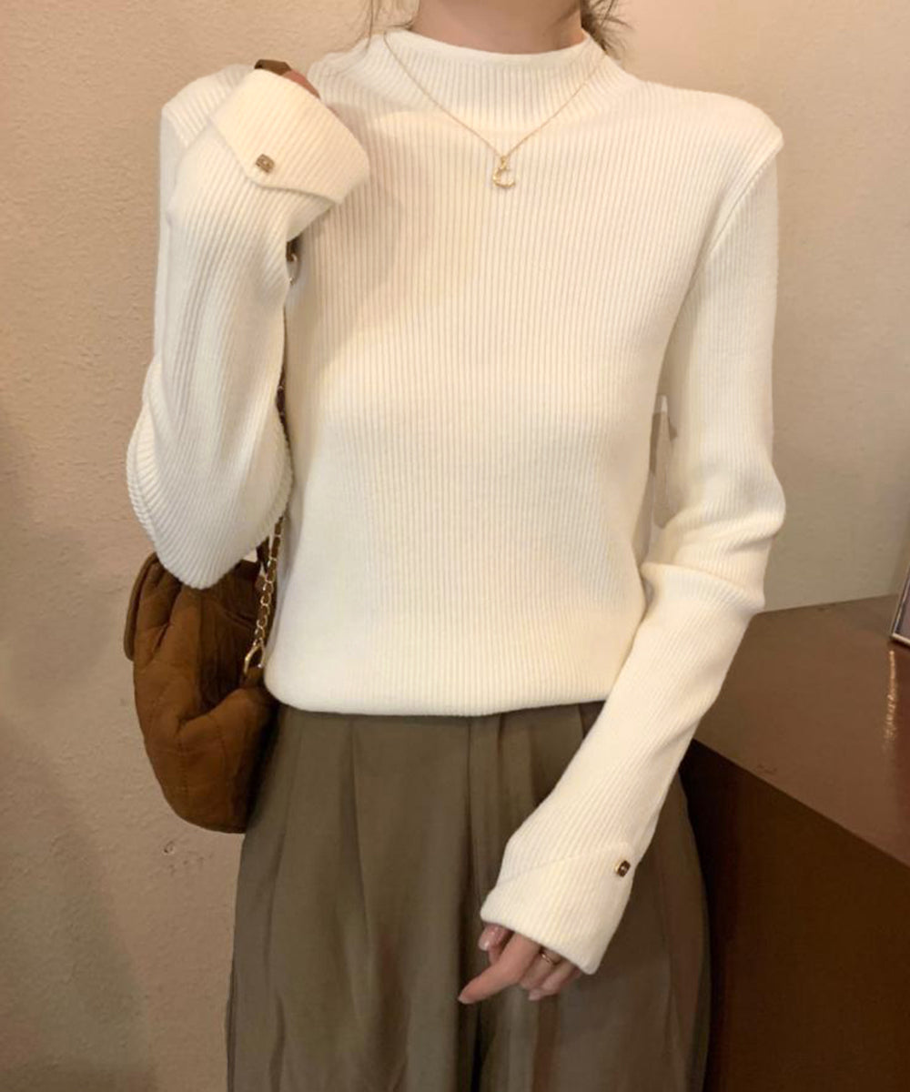 プチハイネックニットトップス 袖口ボタン アイボリー