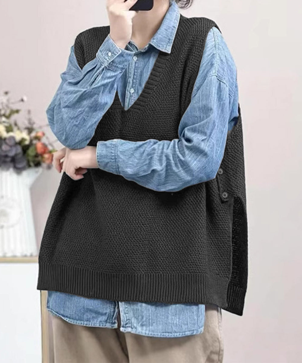 ニットベスト サイドスリット ニットジレ レディース サイドボタン Vネックチョッキ 重ね着 ゆったり プルオーバー レイヤードベスト 体型カバー ニットトップス 24TPS-049