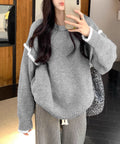 ゆったりニットトップスラウンドネック冬服 レディース 大人カジュアル ニットプルオーバー 体型カバーニットウェア ドロップショルダー 厚手ニットセーター あたたか 24TPS-056