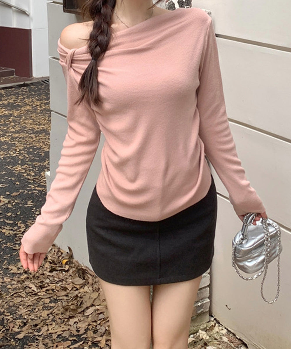 オフショルダーニットトップス 肌見せ秋服 ピンク