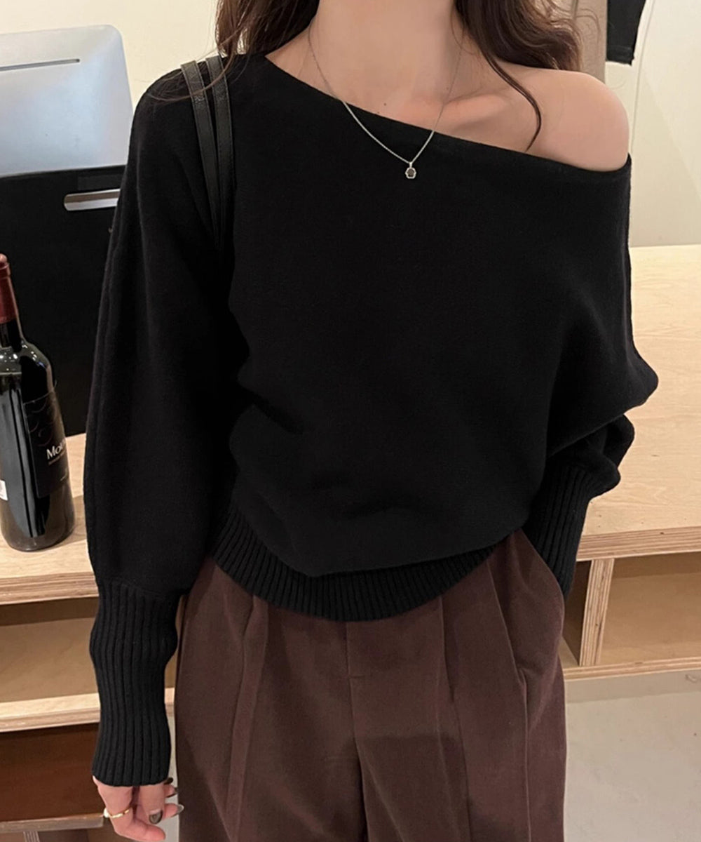 ボートネックニットトップスオフショルダー ブラック