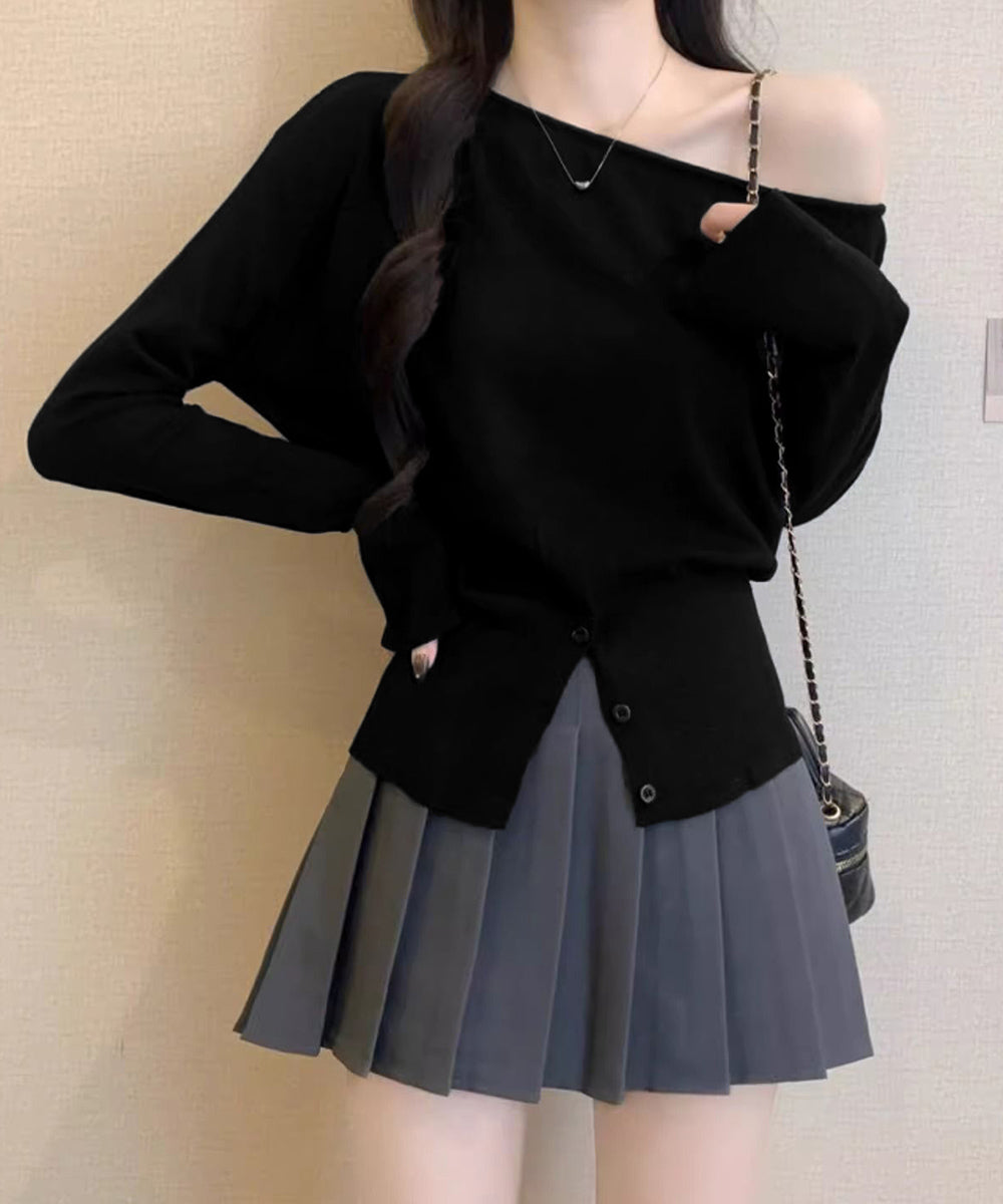 ワンショルダーニットトップス裾ボタン秋服 ブラック