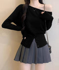 ワンショルダーニットトップス裾ボタン秋服 レディース 大人カジュアルニットプルオーバー きれいめ 肩出しニットウェア 肩見せ 長袖ニットセーター 韓国風ニットソー 24TPS-062
