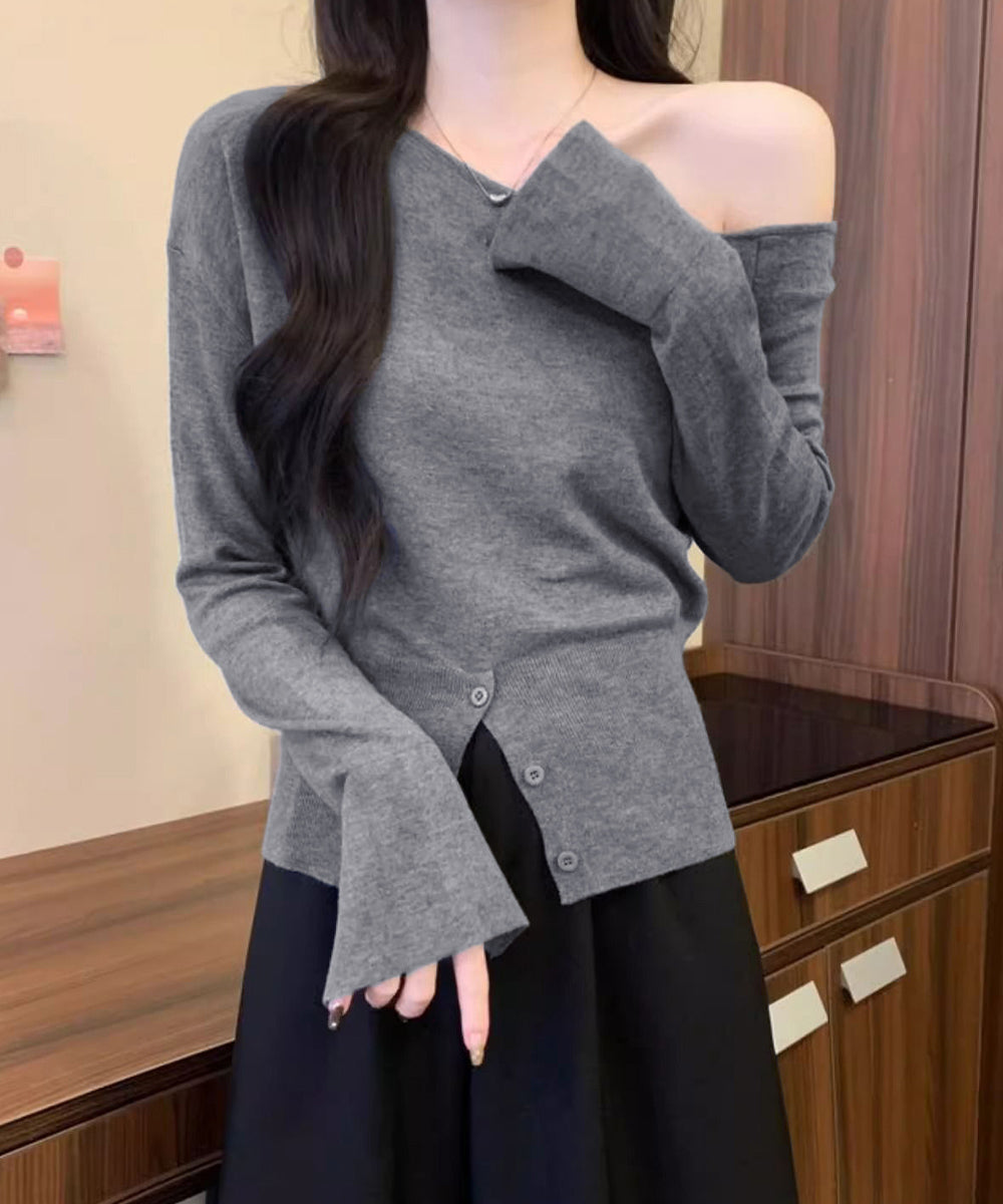 ワンショルダーニットトップス裾ボタン秋服 グレー