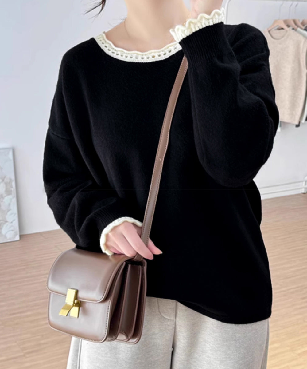 配色ニットプルオーバーラウンドネック秋服 ブラック
