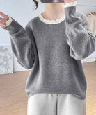 配色ニットプルオーバーラウンドネック秋服 グレー