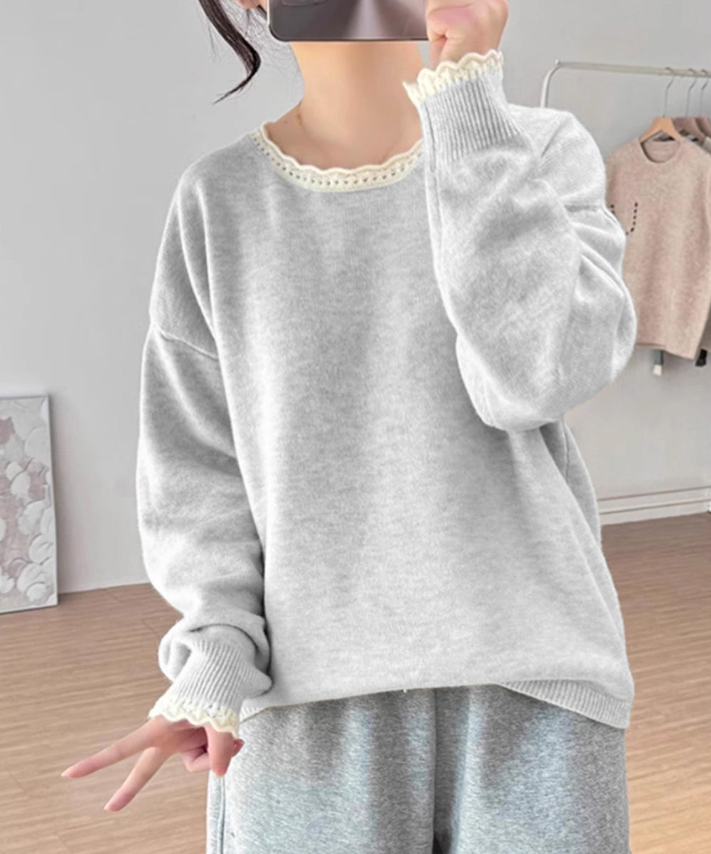 配色ニットプルオーバーラウンドネック秋服 ライトグレー