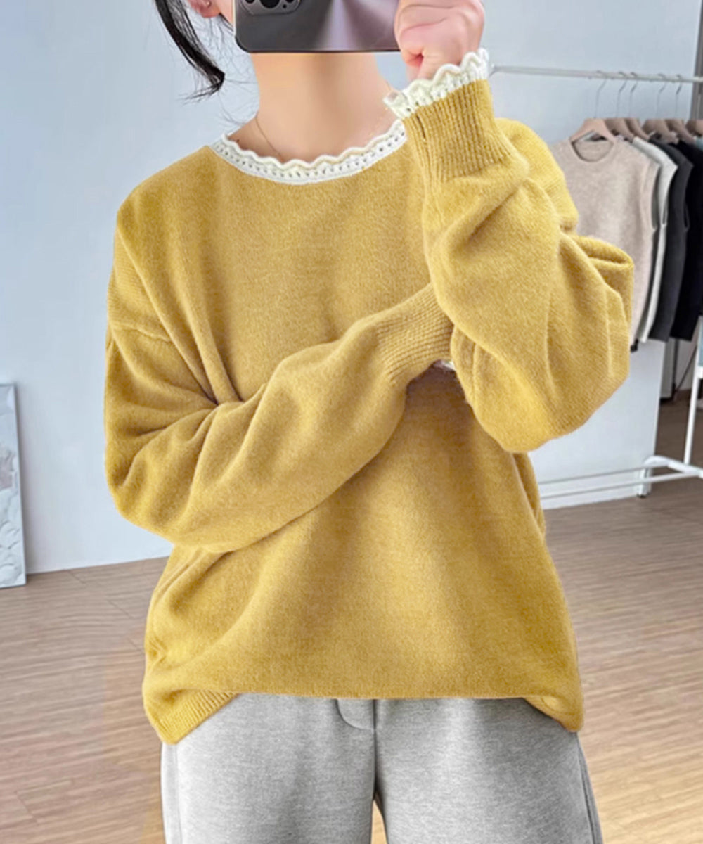 配色ニットプルオーバーラウンドネック秋服 イエロー