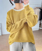 配色ニットプルオーバーラウンドネック秋服 イエロー