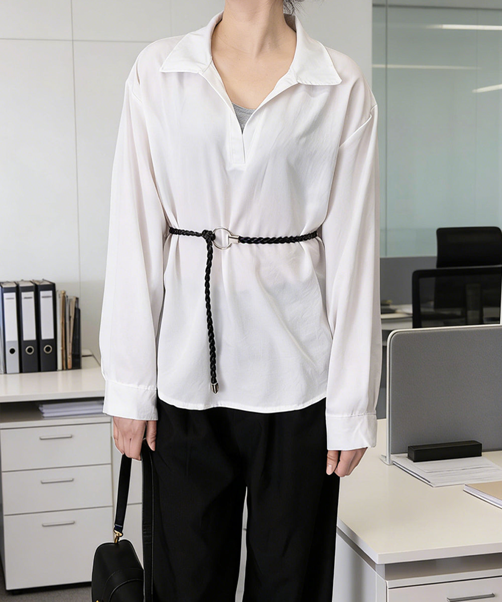 レイヤード風シャツブラウスベルト付き春服 オーバーサイズ 切り替えシャツブラウス レディース Vネックトップス 体型カバー無地トップス 襟付きゆったりブラウス春秋 24TPS-072