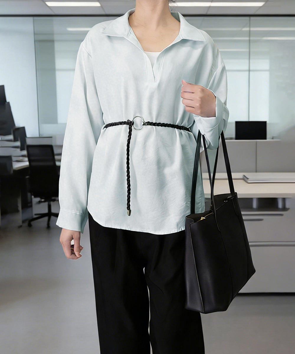 レイヤード風シャツブラウスベルト付き春服 オーバーサイズ 切り替えシャツブラウス レディース Vネックトップス 体型カバー無地トップス 襟付きゆったりブラウス春秋 24TPS-072