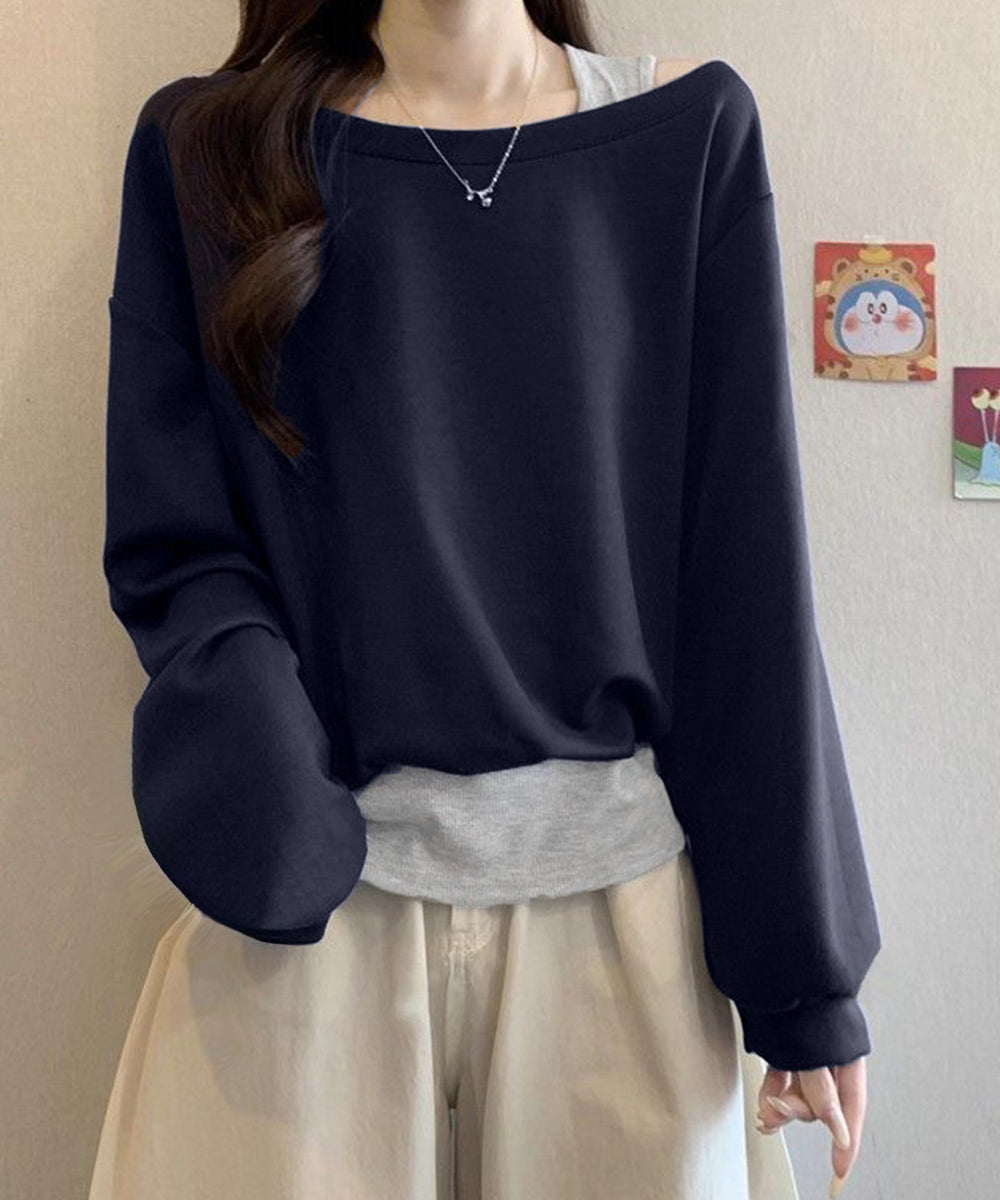 レイヤード風スウェットワンショルダー秋服 レディース 肩出し トップス カジュアル プルオーバー ゆったり トレーナー お洒落長袖トップス 韓国風 ｔシャツ 無地 24TPS-073