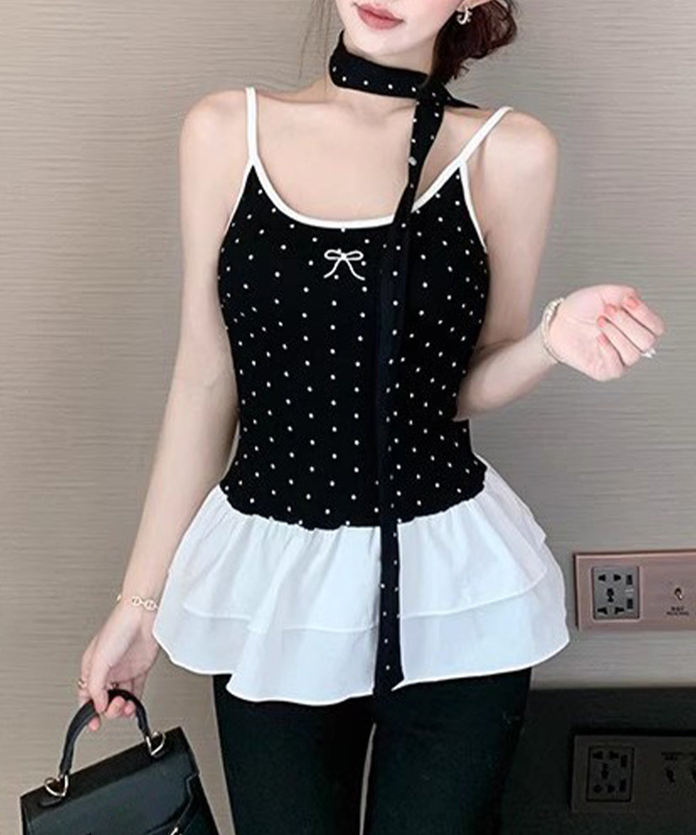 ドット柄キャミソール チョーカー付き夏服 レディース  カップ付き スリムフィットキャミ 裾フリル インナートップス 大人可愛い 薄手 インナーウェア フェミニン 24TPS-078