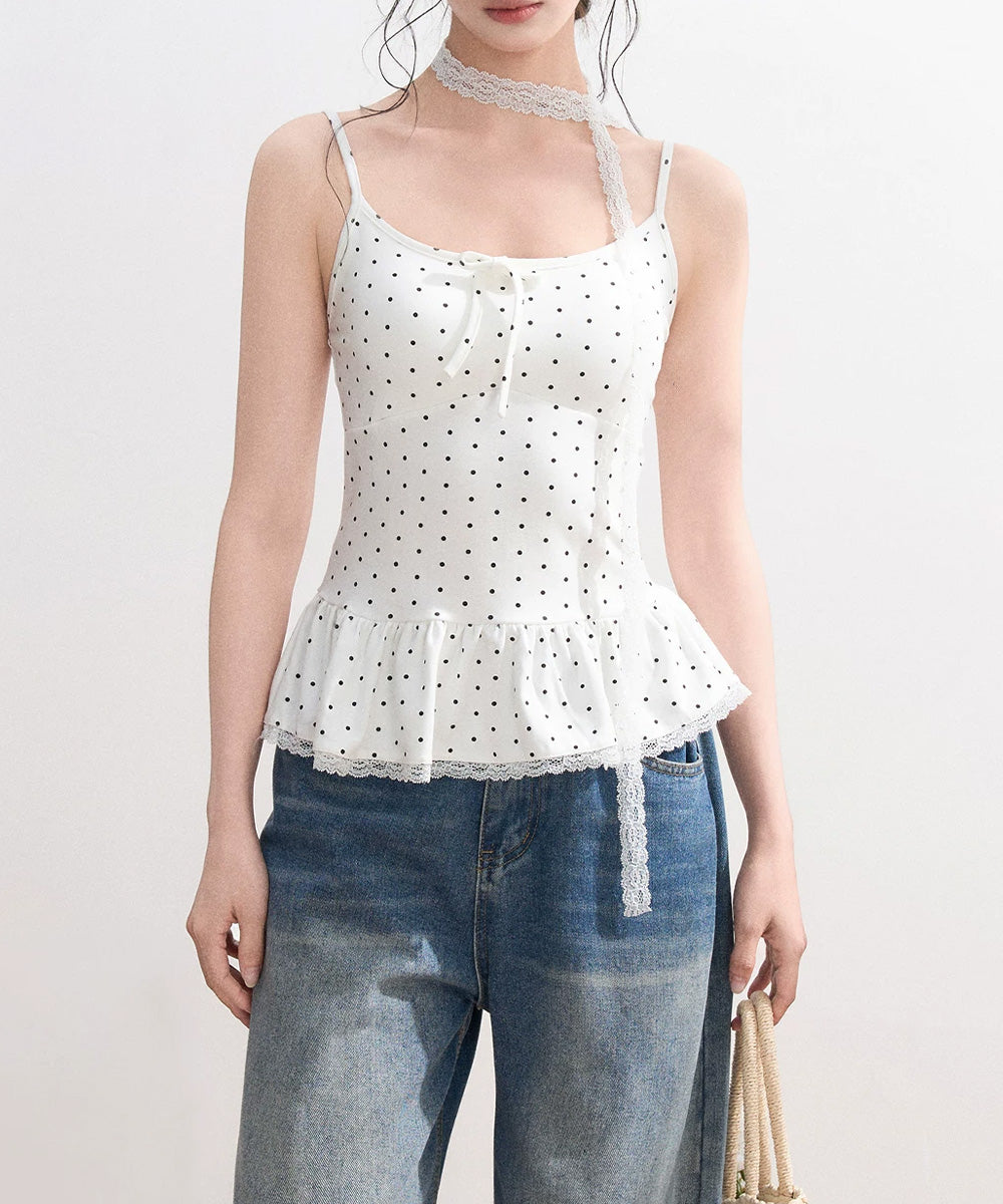 ドット柄キャミソール レースタイ付き夏服 レディース カップ付き インナーキャミ 裾フリル フェミニンキャミトップス フロントリボン スリムフィットキャミ 韓国風 24TPS-083