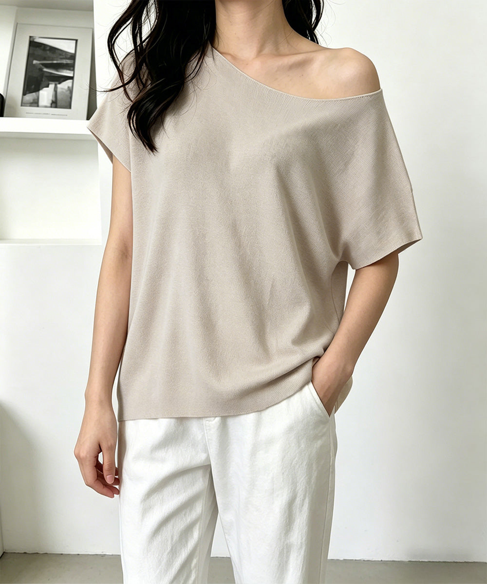 サマーニットトップス ワンショルダー夏服 レディース カジュアル ニットトップス 体型カバー ニットソー シンプル 夏トップス 無地大人カットソー 着回しトップス 24TPS-086