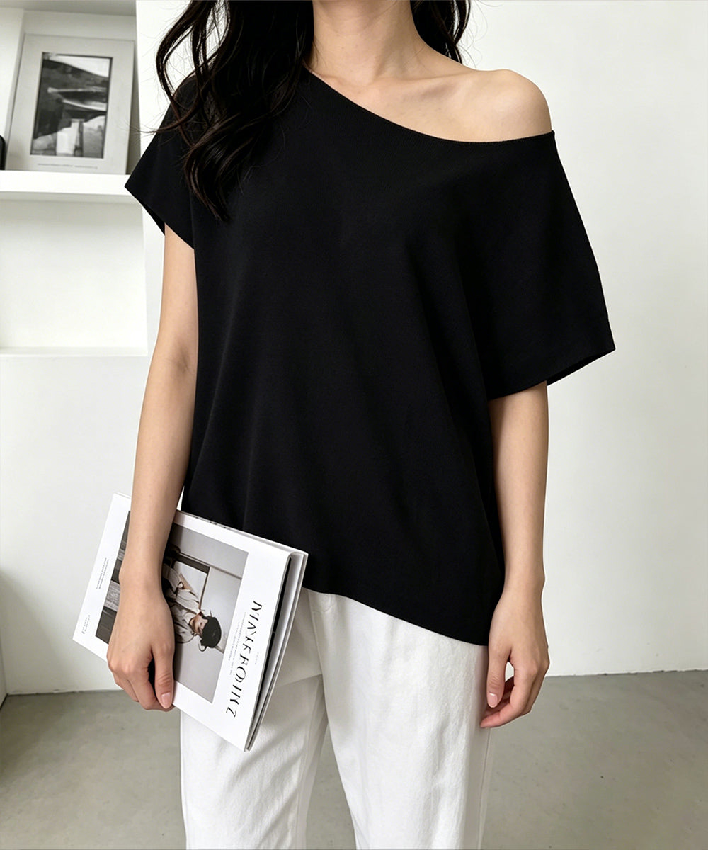 サマーニットトップス ワンショルダー夏服 レディース カジュアル ニットトップス 体型カバー ニットソー シンプル 夏トップス 無地大人カットソー 着回しトップス 24TPS-086