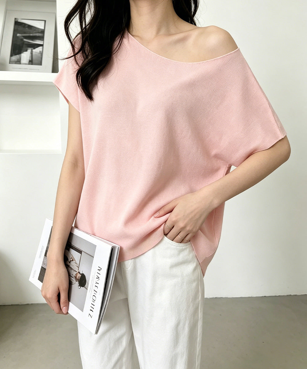 サマーニットトップス ワンショルダー夏服 レディース カジュアル ニットトップス 体型カバー ニットソー シンプル 夏トップス 無地大人カットソー 着回しトップス 24TPS-086